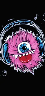 Pink furry monster with headphones on black background.