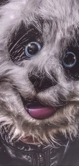 Close-up of a fluffy panda mask with blue eyes and leather jacket detail.