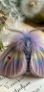 Furry pastel-colored moth on leaves, showcasing soft hues.