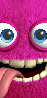 Furry pink monster with big eyes and tongue out.