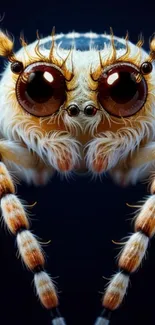 Realistic furry spider with brown eyes on a dark background for mobile wallpaper.