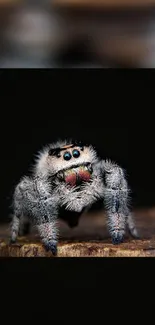 Furry spider stands on a brown surface against a black backdrop.