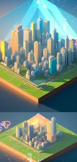 3D cityscape in glass prism with vibrant colors for mobile wallpaper.