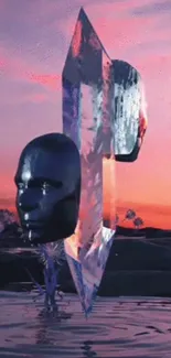 Futuristic 3D art with crystal faces and purple sky.