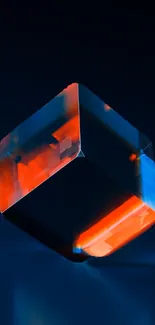 Futuristic 3D cube with orange and blue hues on dark background.