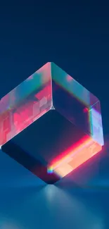 Futuristic 3D cube with holographic colors on deep blue background.