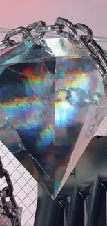 Futuristic 3D diamond artwork with metallic chains.