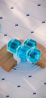Futuristic 3D geometric shapes with a wooden base.