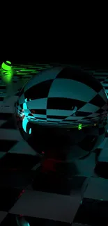 Futuristic 3D sphere on a neon checkered floor with dynamic lighting.