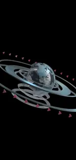 3D planet with rings and glowing elements on black background.
