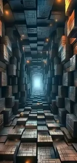 Futuristic 3D tunnel with geometric blocks and a glowing center.