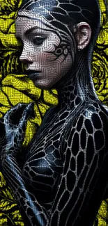 Digital figure with black patterns on yellow background.