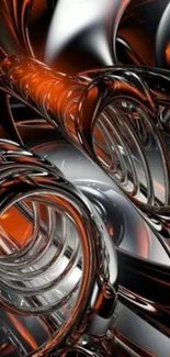 Futuristic abstract wallpaper with metallic swirls in orange and silver hues.