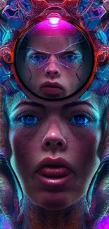 Futuristic abstract face with neon colors in a surreal digital artwork.