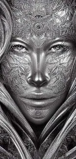 Futuristic abstract design featuring a detailed silver face art.