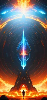 Futuristic abstract art with fiery and icy elements.