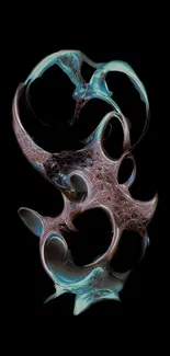 Futuristic abstract art wallpaper with swirling shapes on a black background.