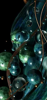 Futuristic abstract wallpaper with teal metallic spheres.