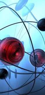 Futuristic abstract design with red orbs and complex wires.