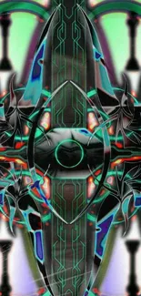 Futuristic abstract phone wallpaper with neon colors and intricate design.