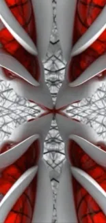 Futuristic abstract wallpaper with red and white swirling patterns.