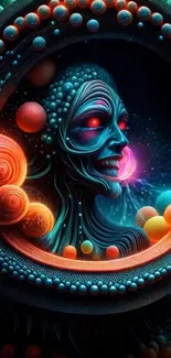 Futuristic abstract space art with a surreal face and cosmic elements.