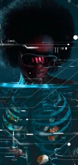 Futuristic surreal afro art with digital elements and fish.