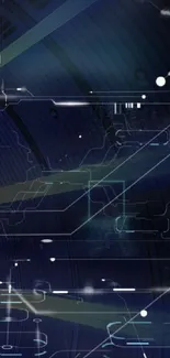 Futuristic abstract tech background with digital circuitry in dark blue tones.