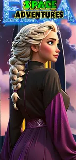 Futuristic character with braided hair and purple attire in a cityscape.