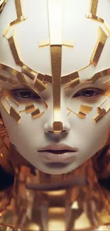 Futuristic AI face with golden accents on wallpaper.