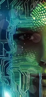 Futuristic AI face with glowing circuits and digital patterns.