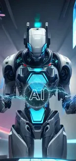 Futuristic AI robot with neon blue accents in a digital setting.