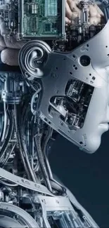 Futuristic AI robot design wallpaper showing intricate metallic details.