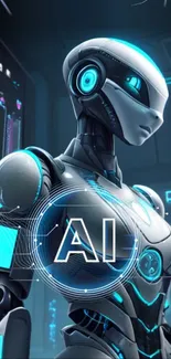 Futuristic AI robot wallpaper with cyan lighting.