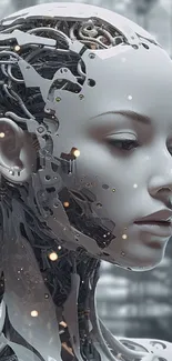 Futuristic AI robot with a metallic design in a digital art setting.