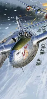 Futuristic air battle with jets in a snowy sky.