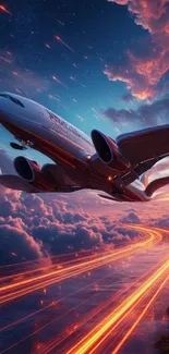 Futuristic airplane flying through colorful sky with light trails.