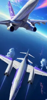 Two futuristic airplanes flying above clouds, showcasing a vibrant blue sky.