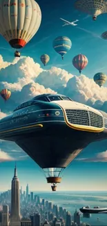 Futuristic airship above city skyline with hot air balloons in vibrant sky.