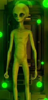 Alien figure in futuristic green glow.