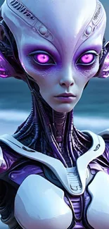 Futuristic alien android with vibrant purple hues.