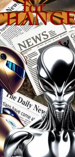 Futuristic alien and robot with news backdrop