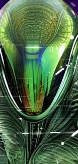 Futuristic alien art design with vibrant green hues.