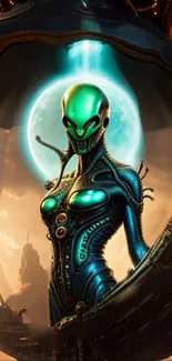 Futuristic green alien figure in cosmic setting.