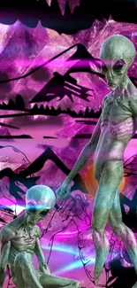 Futuristic alien theme with purple tones and abstract cosmic background.