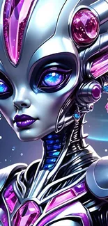 Futuristic alien-themed wallpaper with robotic design in purple hues.