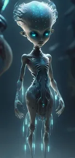 Futuristic alien art wallpaper featuring a glowing blue extraterrestrial figure.