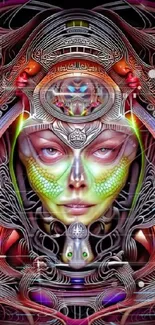 Futuristic alien face with psychedelic colors and intricate patterns.