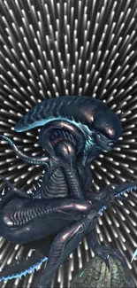 Futuristic alien creature on a dynamic, dark abstract background.