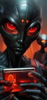 Futuristic alien holding a glowing device, with striking red eyes and black skin.